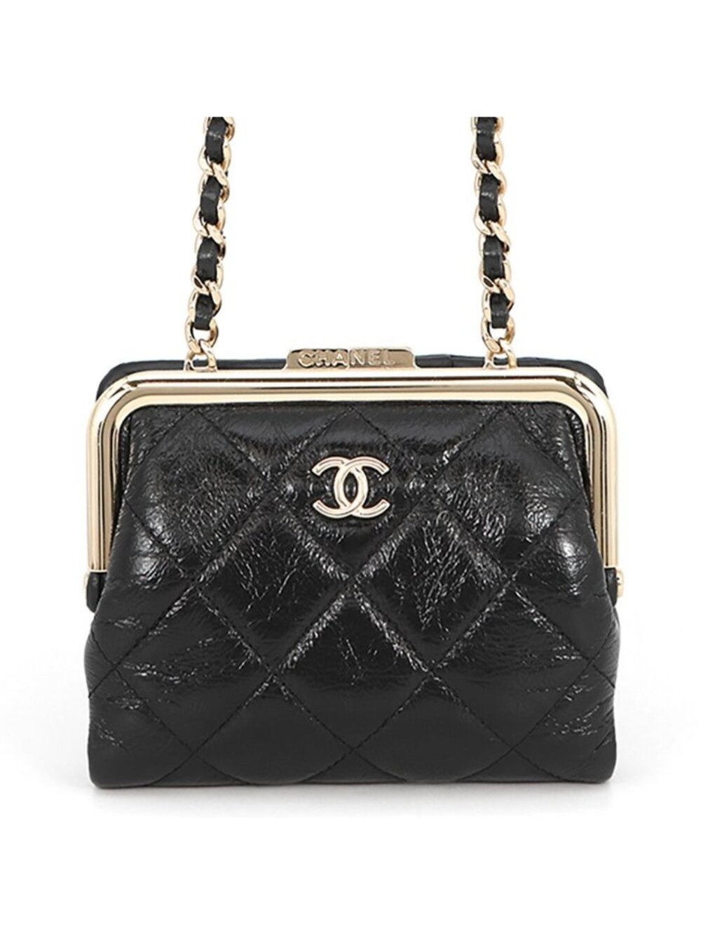 Chanel Chain Wallet Quilted CC Logo Kiss Lock Bifold Leather Black - Picture 1 of 10